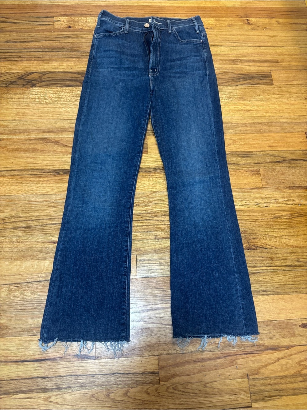 MOTHER Dark Blue Flare Jeans with Raw Hem